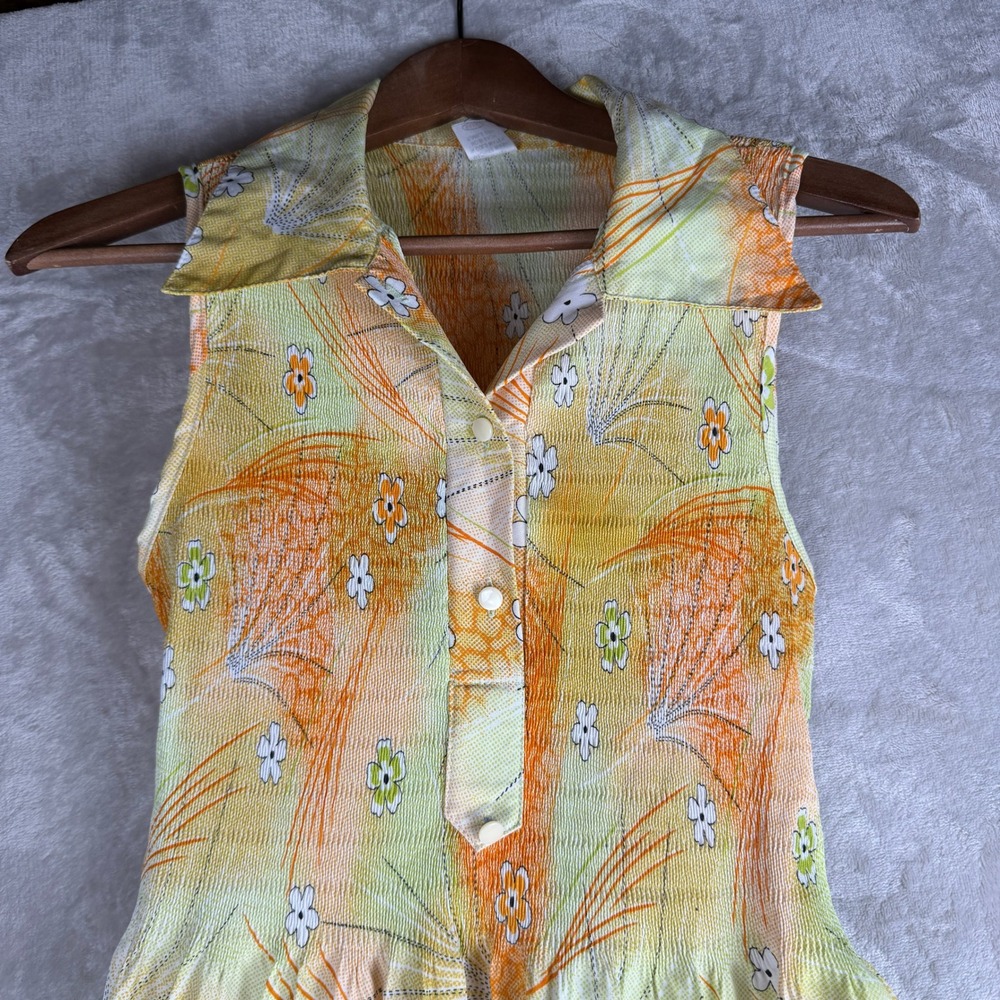 Boho  soft girl Vintage 70s Floral Plisse Sleeveless Midi Dress‎ Orange Yellow - Picture 5 of 11